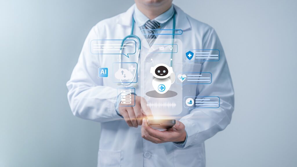 Healthcare Chatbot and Medical technology concept. A doctor using a smartphone with AI-powered healthcare chatbot icons, representing medical assistance, health monitoring. AI Deep Learning. LLM.
