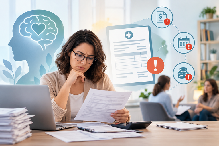 Behavioral health billing professional reviewing invoices and identifying potential billing errors in a mental health practice.